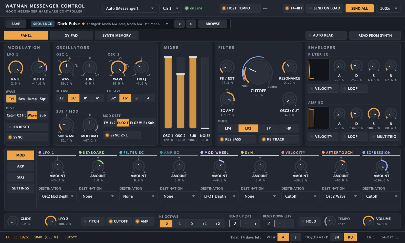 The sound panel with modulation rings on the knobs